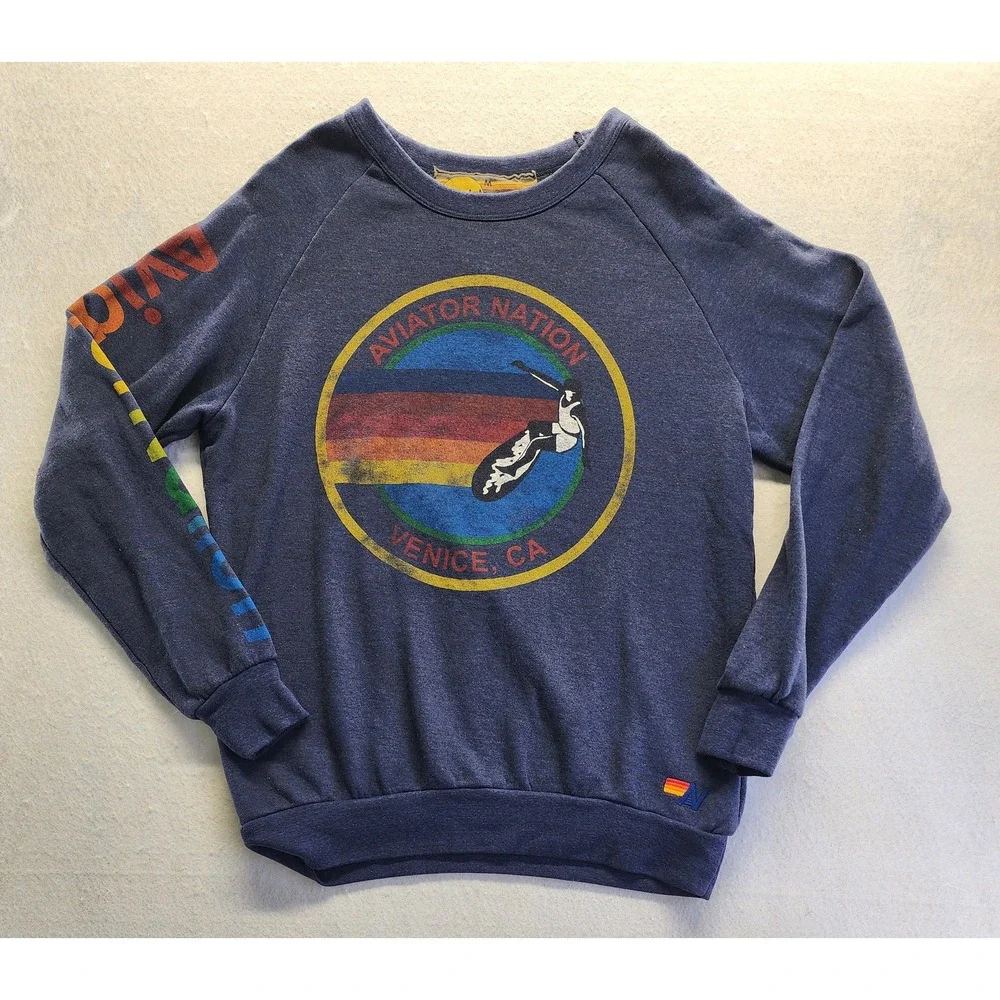 Aviator Nation Venice CA Rainbow Surfer‎ Crewneck Sweatshirt Blue Mens Medium